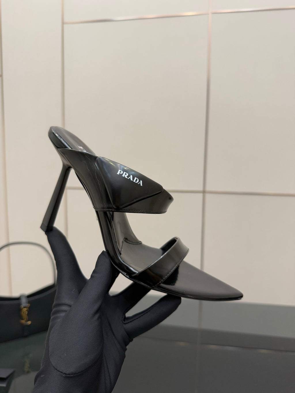 Prada black stiletto mule sandal with glossy crossover straps