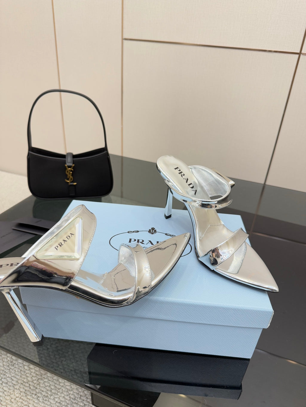 Women's silver heeled sandals, glossy finish, pointed toe, open sides