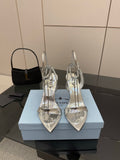 Prada women's metallic silver heeled sandals with thin straps and open toe