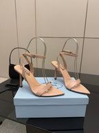 High-heel sandals in light nude with thin ankle straps, pointed toe, stiletto heel