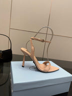 Single light nude high-heel sandal with slingback strap, pointed toe, slim stiletto heel