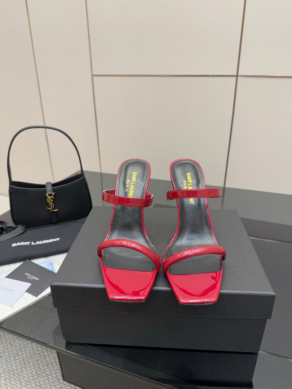 YSL ladies heeled sandals, red and black straps with gold YSL logo details