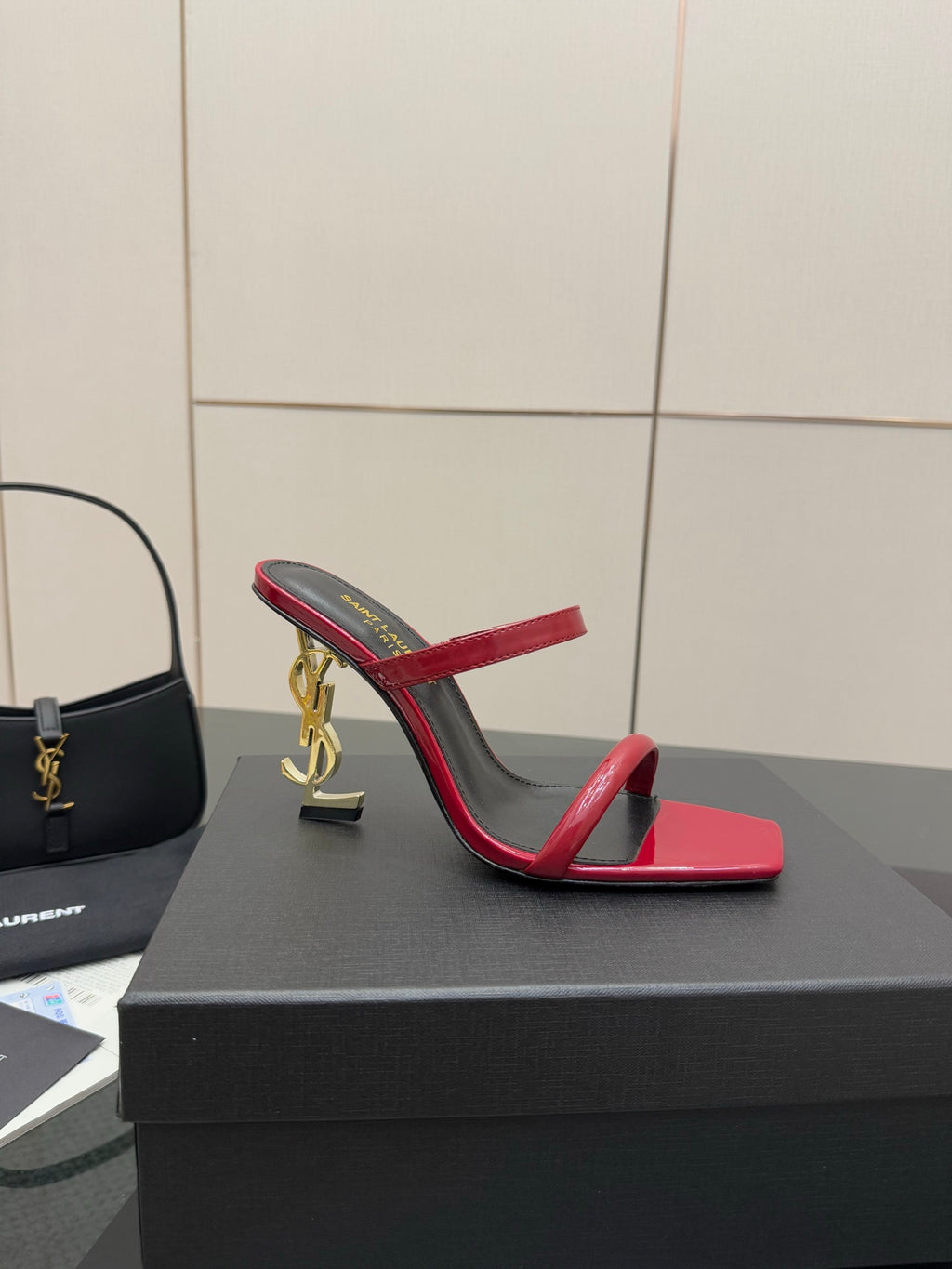 YSL ladies heeled open-toe sandals, red patent toe and black heel with gold logo