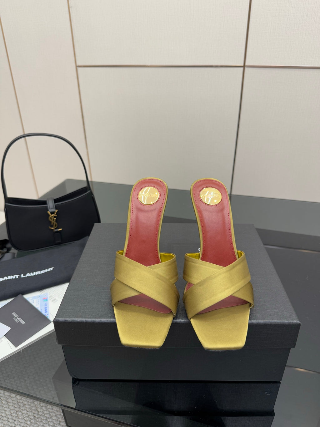 Yellow satin mule sandals with red insole, gold logo heel detail