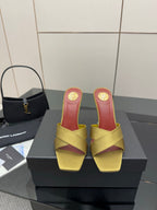 Yellow satin mule sandals with red insole, gold logo heel detail