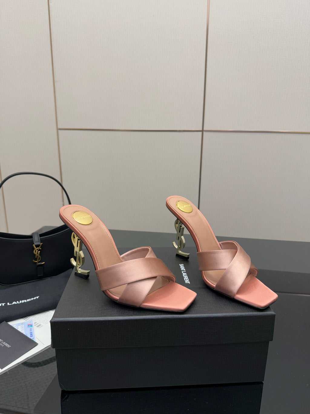 Pink YSL logo slide sandals, open toe mule with low block heel