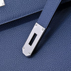 Hermes bag dark blue leather with silver hardware plate and strap attachment