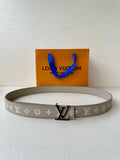 Gray monogram belt with gold-tone LV buckle and blue tie accents