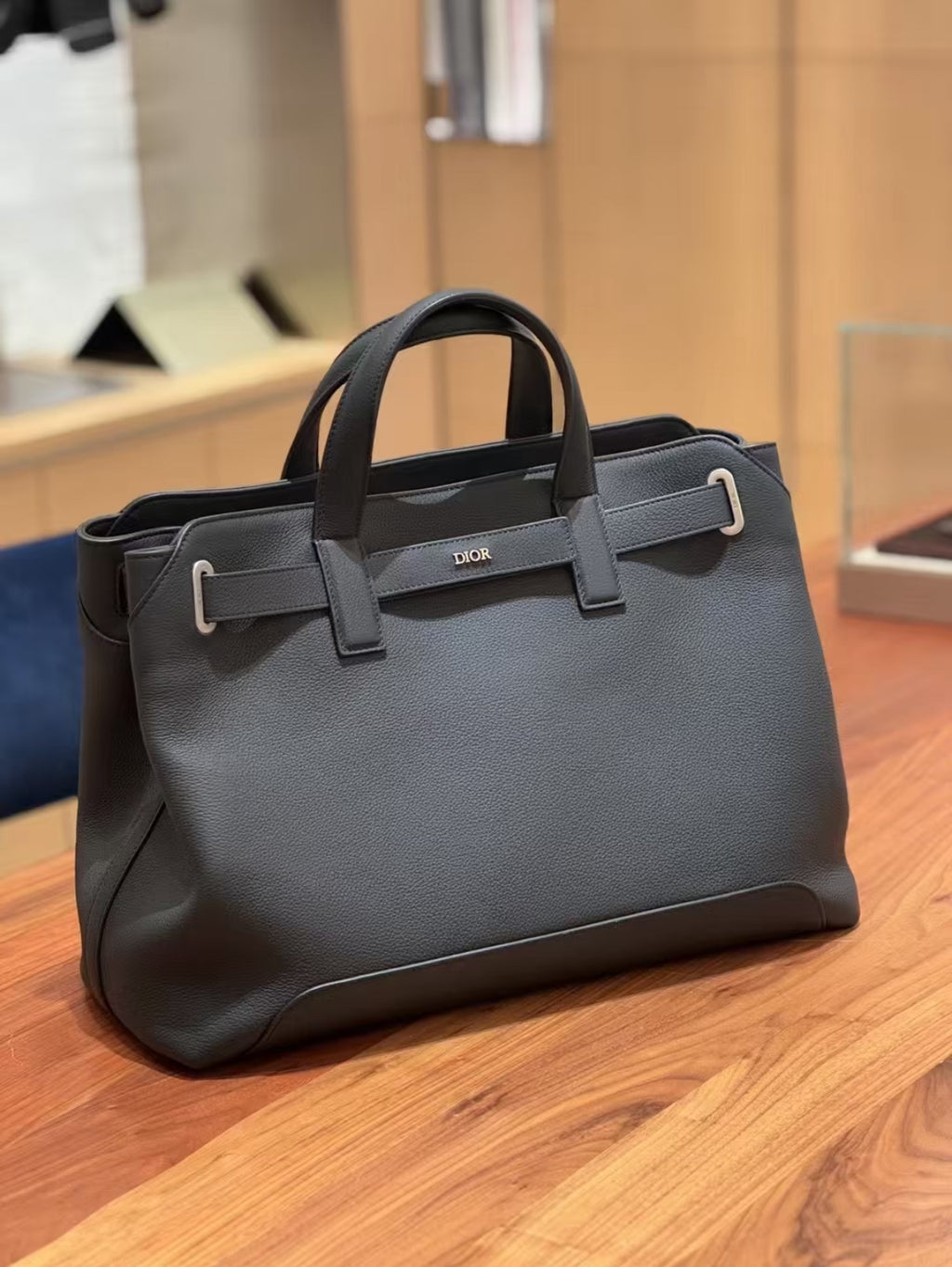 Dior structured tote with top handles and front logo, three-quarter view