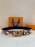 Louis Vuitton belt with brown camo canvas strap and gold-tone ornate buckle