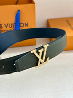 Dark green belt with gold LV logo buckle, angled view