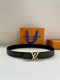 Dark green leather belt with gold Louis Vuitton style logo buckle