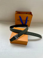 Dark green leather belt with gold LV buckle and belt holes