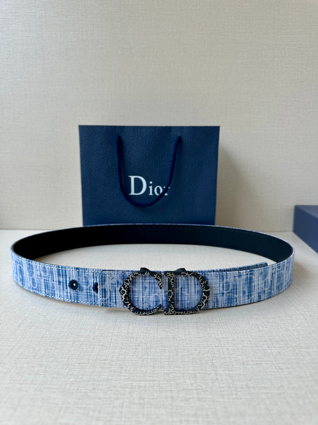 Dior belt with blue patterned strap and double round buckle