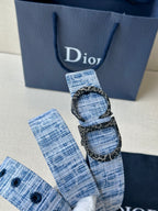 Dior belt with blue patterned strap and ornate double oval buckle detail