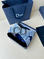 Dior belt with blue patterned strap and double-ring buckle, in gift box