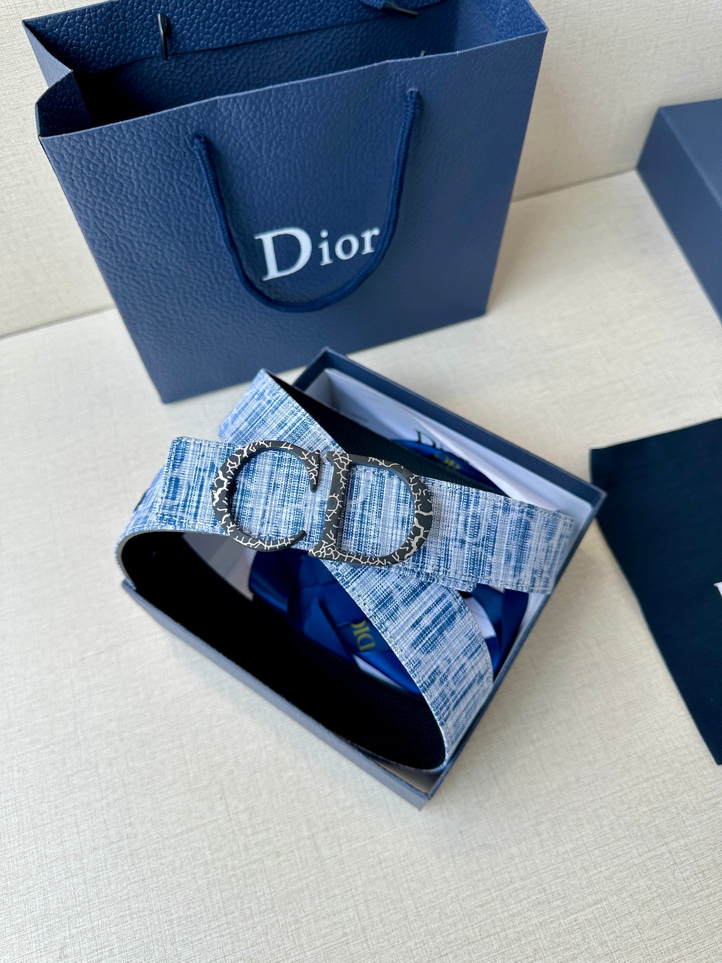 Dior belt with blue patterned strap and double-ring buckle, in gift box