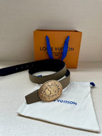 Louis Vuitton belt on pouch, beige strap with large oval gold emblem buckle