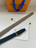 Louis Vuitton belt with beige and dark blue straps, oval gold buckle detail