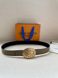 Louis Vuitton belt with beige strap and gold-toned oval logo buckle