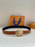 Brown leather belt with gold-tone oval logo buckle