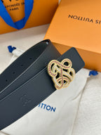 Louis Vuitton dark blue belt buckle detail: gold-tone monogram with multicolor rhinestones