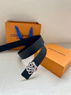 Louis Vuitton dark blue leather belt with rhinestone monogram buckle, draped