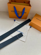Louis Vuitton dark blue leather belt with rhinestone monogram buckle and strap holes