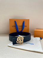 Louis Vuitton dark blue leather belt with rhinestone monogram buckle, centered