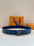 Navy monogram belt with silver buckle and patterned clasp