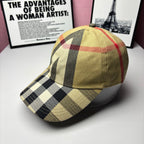 Burberry baseball cap, back view, yellow check pattern with plaid paneling