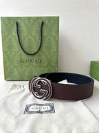 Brown leather belt with silver-tone interlocking G buckle, laid in gift box