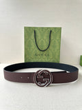 Brown leather belt with silver-tone interlocking G buckle