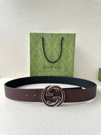 Brown leather belt with silver-tone interlocking G buckle