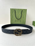 Gucci belt in dark monogram leather with round gold-tone double G buckle