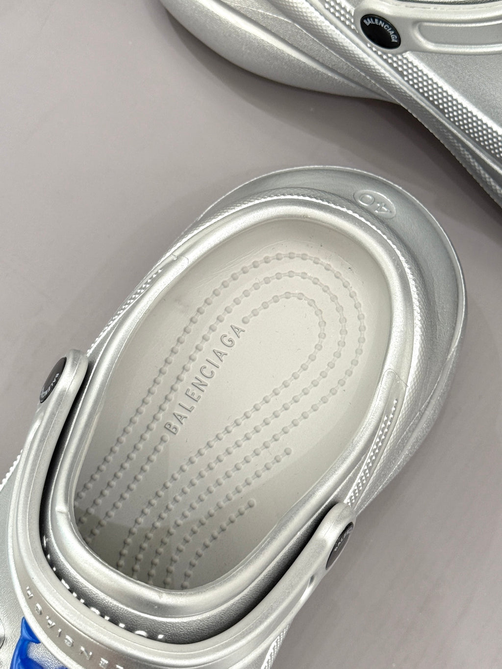 Balenciaga ladies silver slip-on sneaker insole with BALENCIAGA logo text