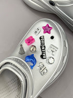 Balenciaga ladies silver slip-on sneaker top with colorful studded charm details