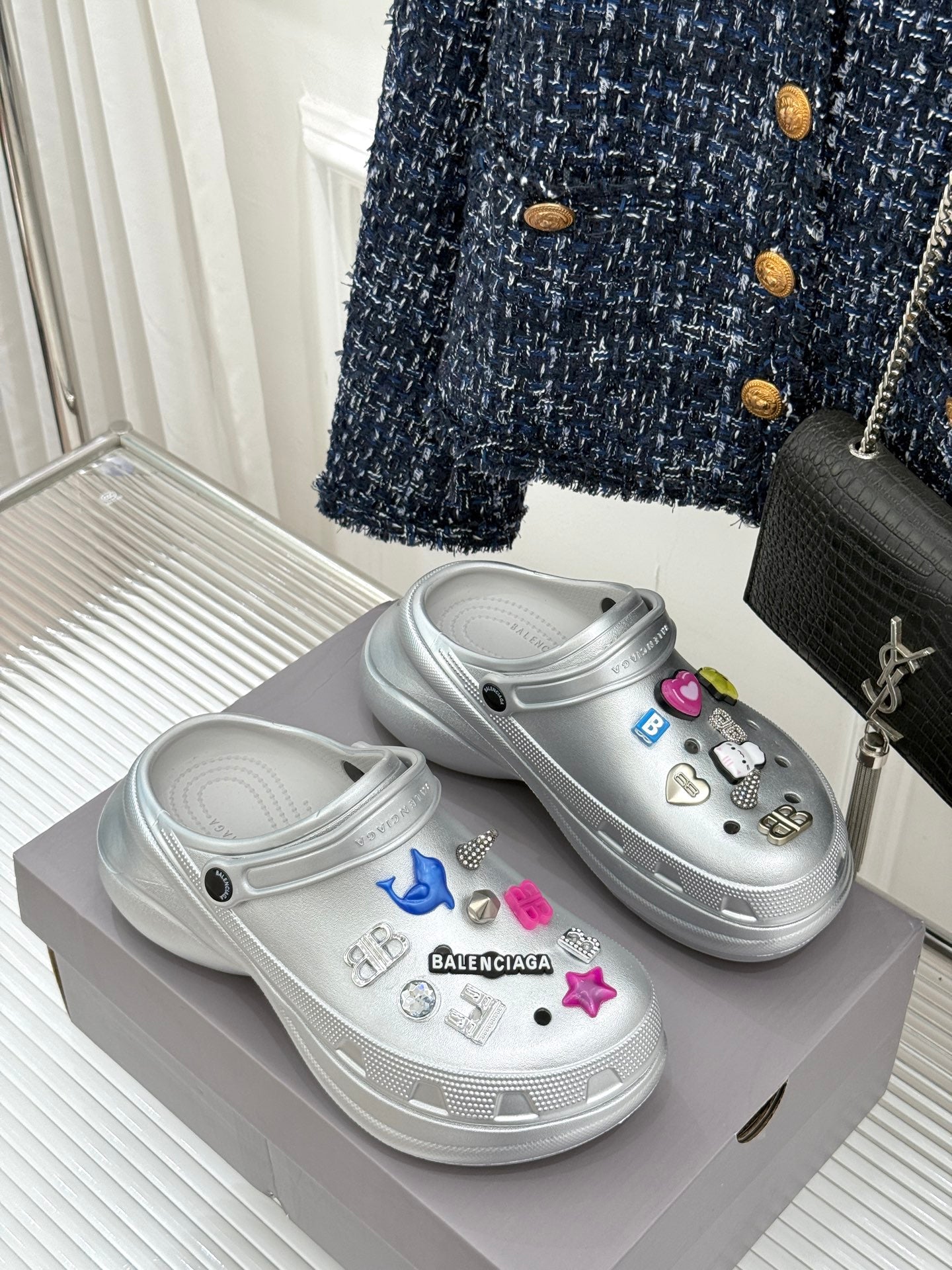 Balenciaga ladies silver slip-on sneakers with colorful logo and star charm details