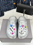 Balenciaga ladies silver slip-on sneakers with colorful charm appliques on the uppers