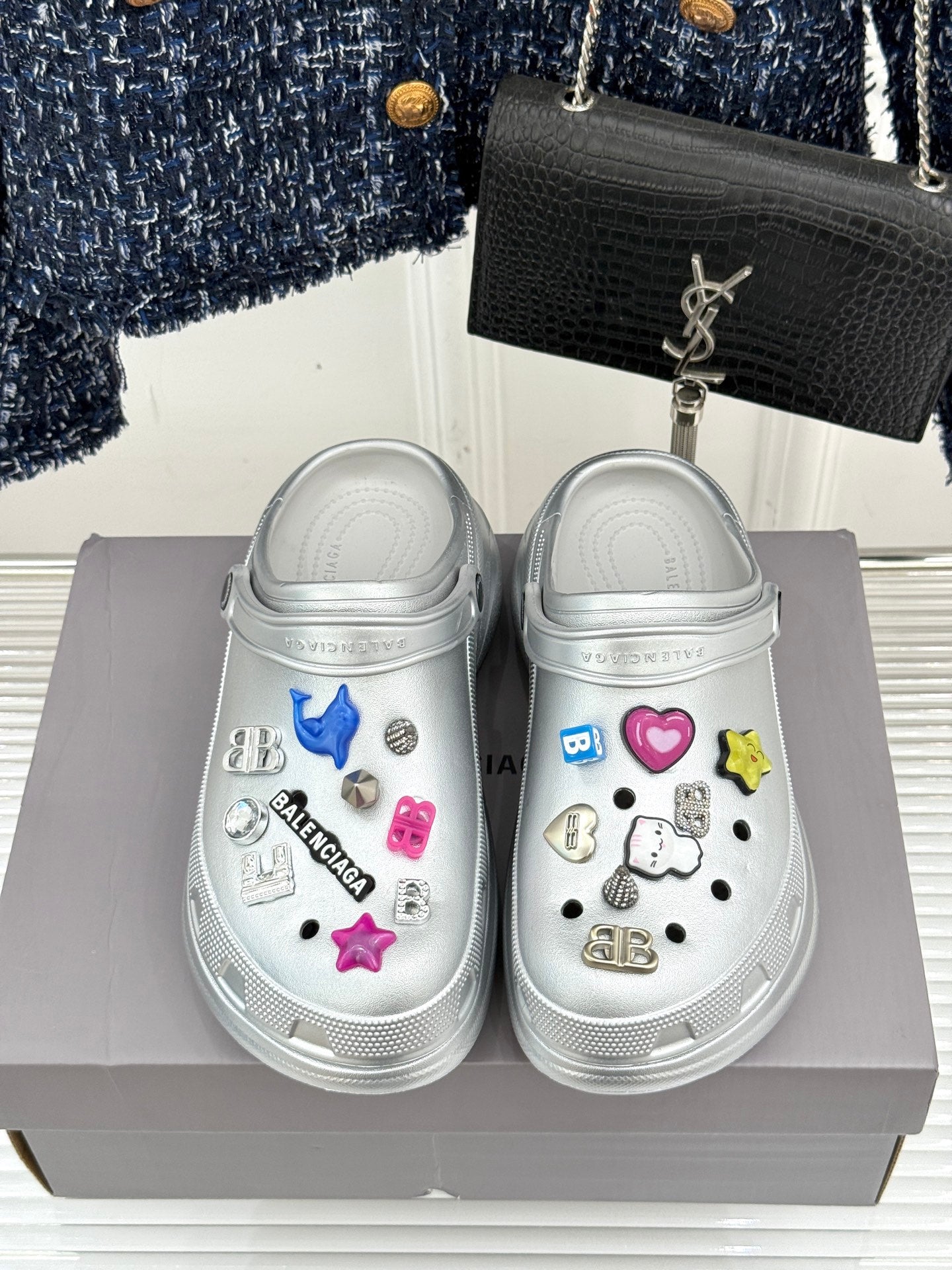 Balenciaga ladies silver slip-on sneakers with colorful charm appliques on the uppers