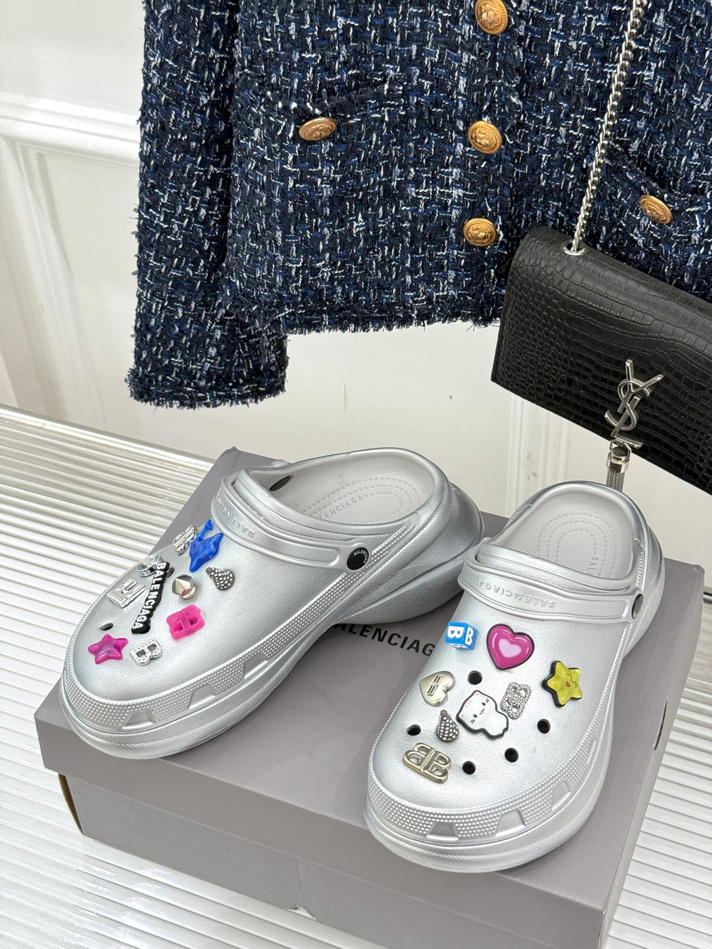 Balenciaga ladies silver slip-on sneakers with colorful heart, bear and star charms