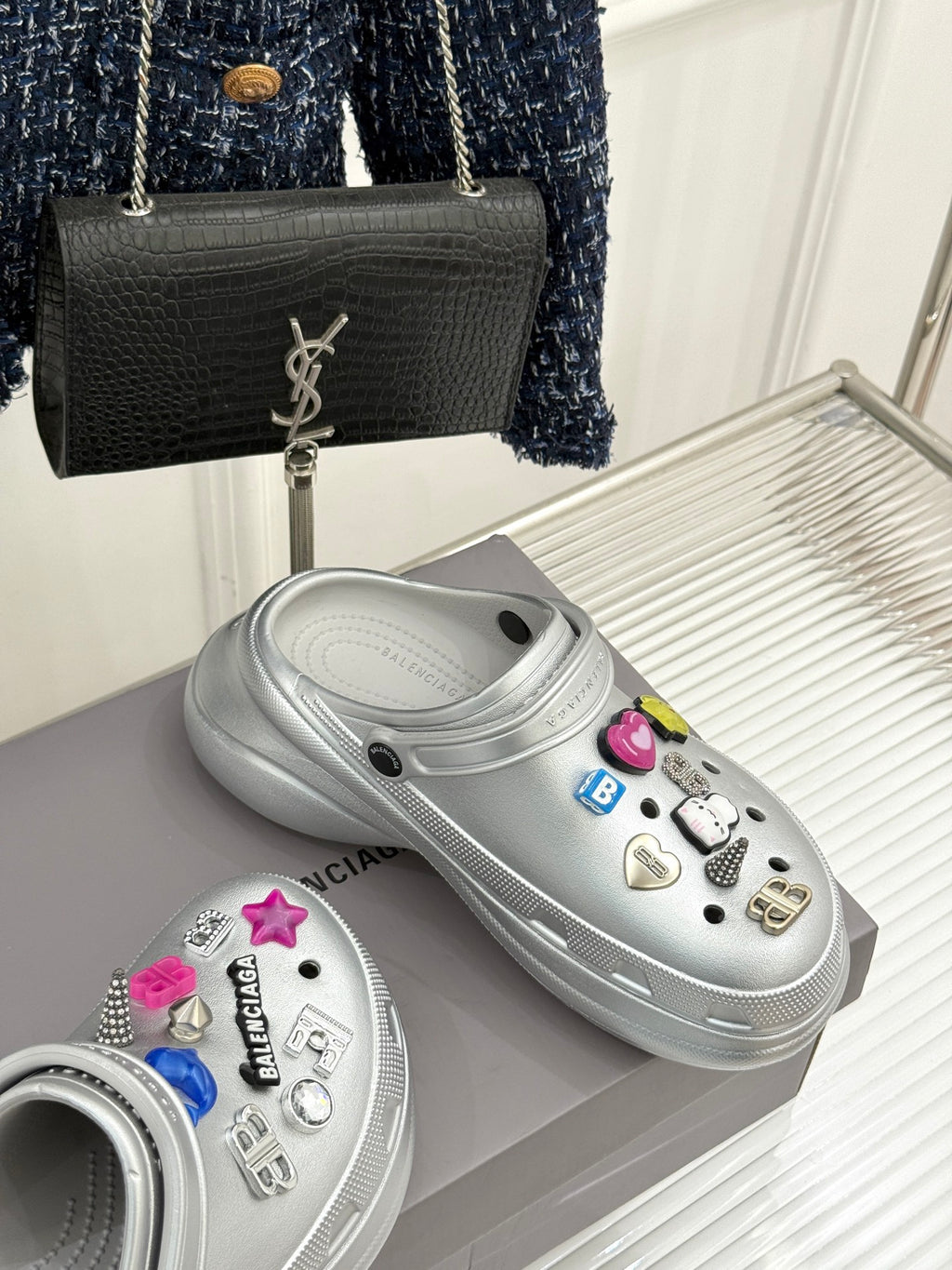 Balenciaga ladies silver slip-on sneakers with colorful patch charms and logo accents