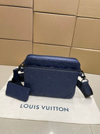 Navy monogram crossbody bag with detachable pouch and shoulder strap