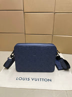 Louis Vuitton men's bag, navy monogram crossbody with full-width zip and shoulder straps