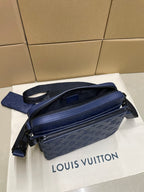 Louis Vuitton men's bag, navy monogram crossbody with adjustable strap and zip closure
