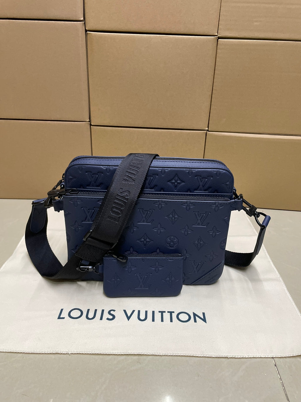 Louis Vuitton navy monogram crossbody bag with front flap and detachable pouch
