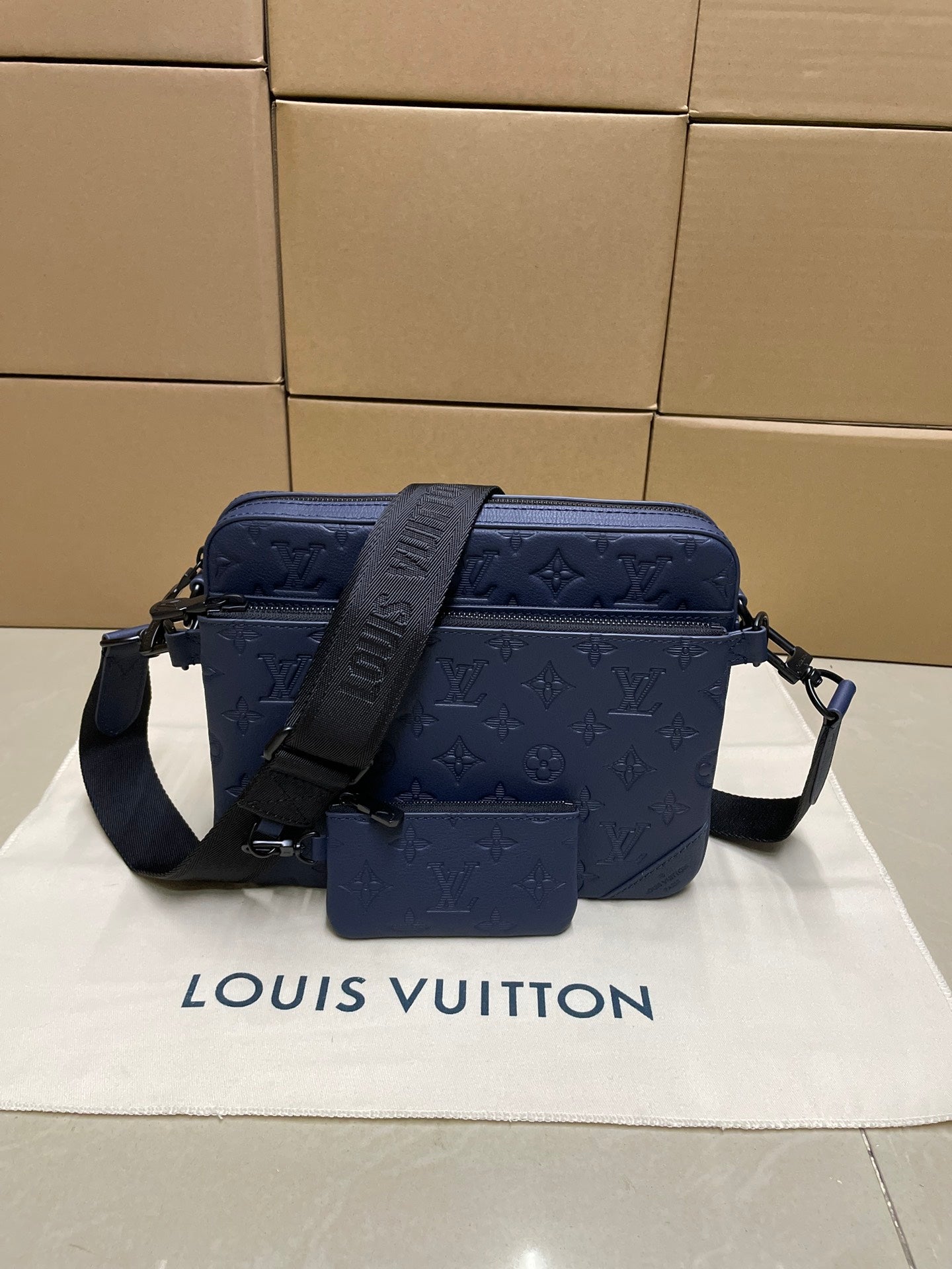 Louis Vuitton navy monogram crossbody bag with front flap and detachable pouch