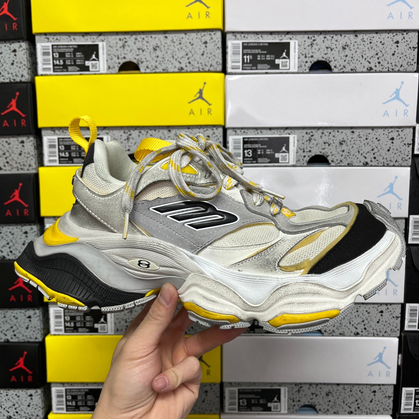 Balenciaga unisex sneakers, light gray with yellow accents, lace-up, black tread outsole