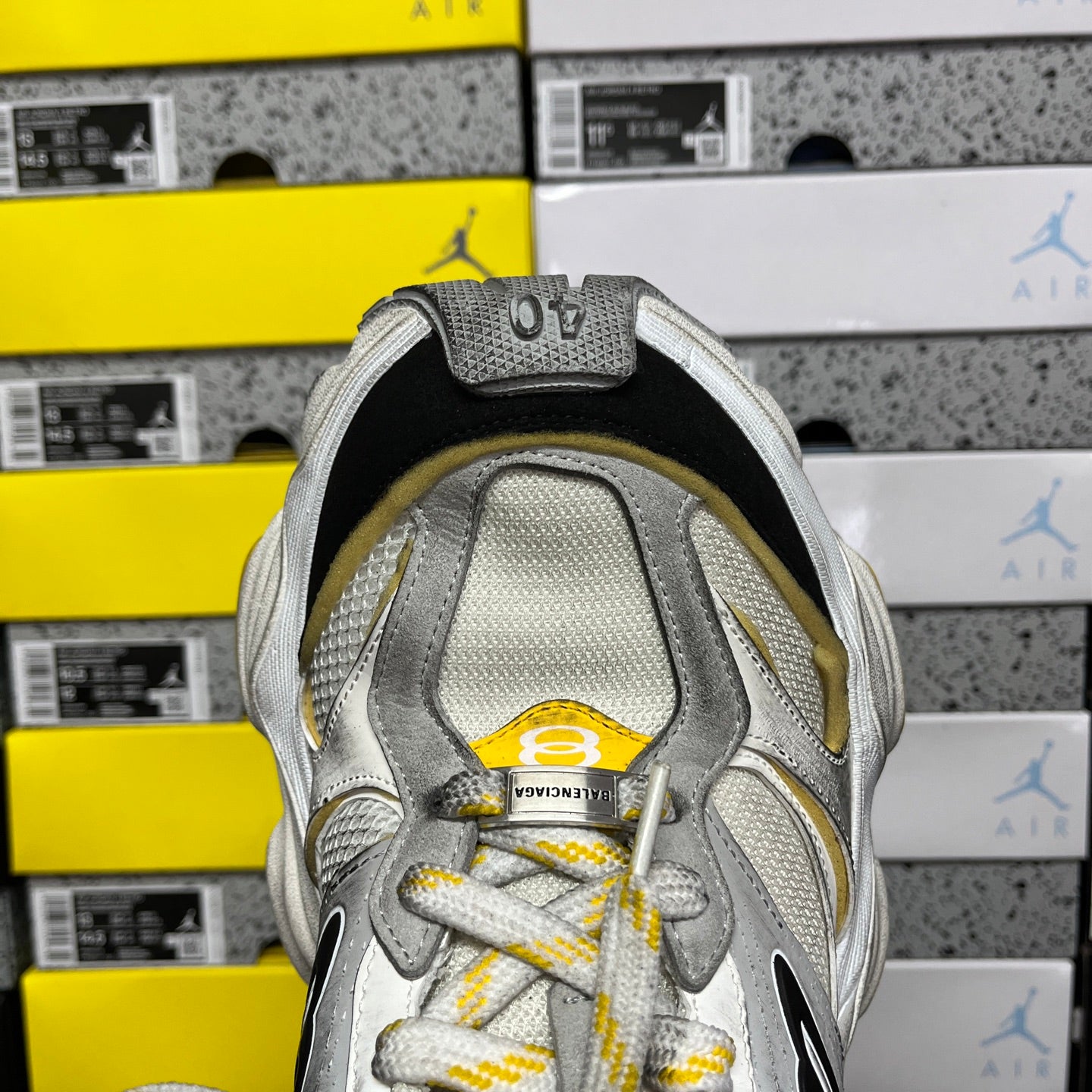 Balenciaga unisex sneakers heel and tongue, light gray mesh with yellow lining accents