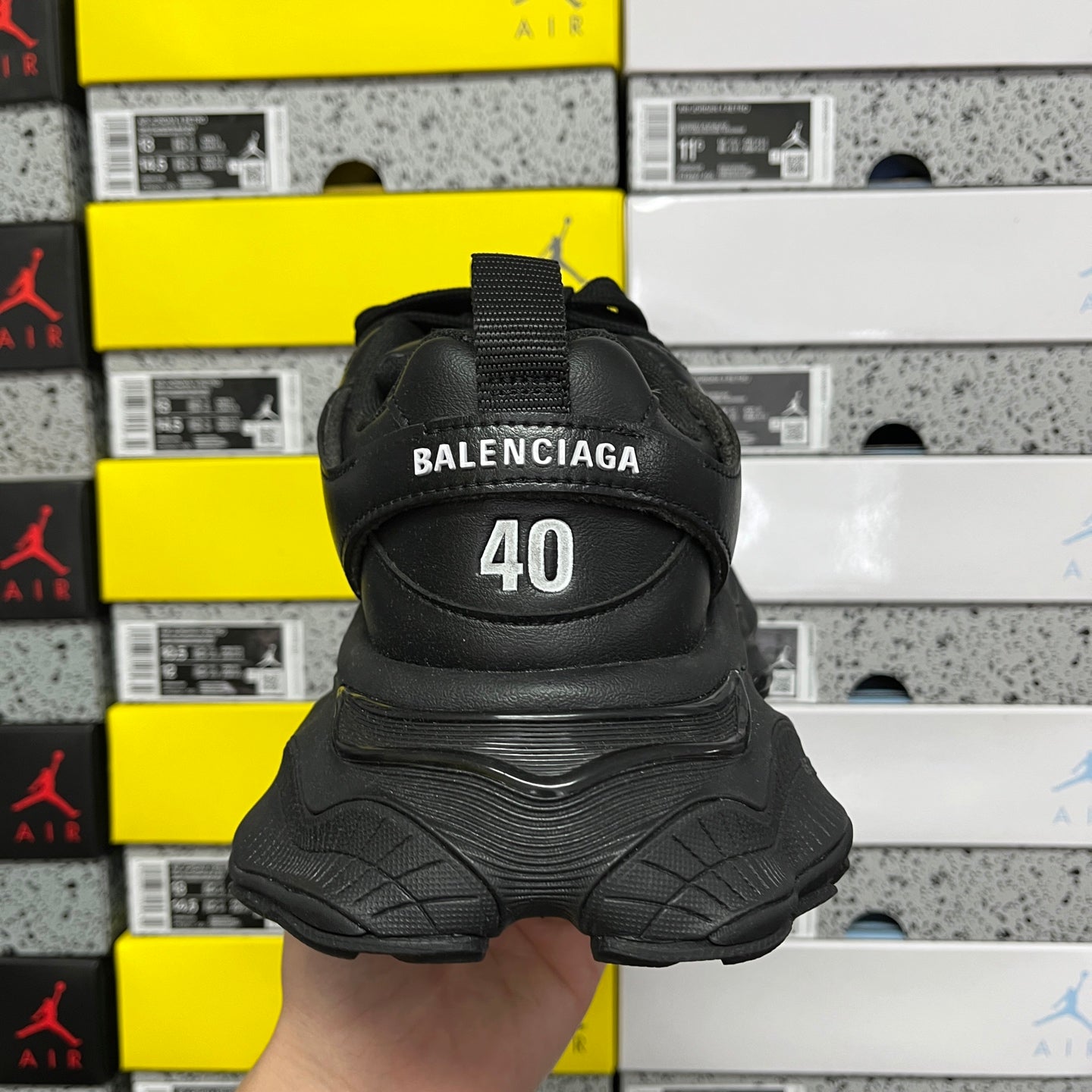 Black sneakers heel with BALENCIAGA text and large 40 size marking